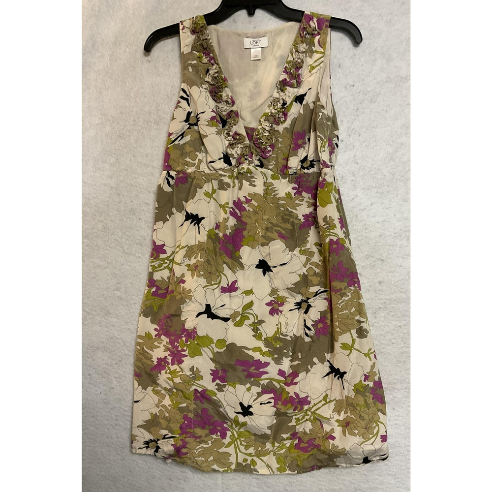 Ann Taylor LOFT Dress Womens Petite 10P Floral Silk Blend Ruffle V Neck Sundress